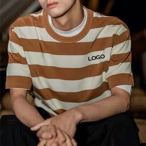 T-shirt a maniche corte a righe retrò personalizzate all'ingrosso <span class=keywords><strong>magliette</strong></span> girocollo a righe <span class=keywords><strong>larghe</strong></span> <span class=keywords><strong>bianche</strong></span> e nere pesanti da uomo - Product Image 2