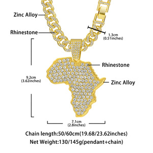 สร้อยคอจี้รูปแผนที่แอฟริกาชุบทอง 14K ทำจากโลหะผสมสังกะสี ประดับเพชร CZ เต็มชิ้น พร้อมสร้อยคิวบาลิงค์ สำหรับผู้ชาย ชุดของขวัญเครื่องประดับฮิปฮอป - Product Image 6