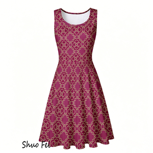 Vestido sin mangas <span class=keywords><strong>para</strong></span> mujer, vestido tipo patinadora con estampado geométrico de rejilla, vestido de verano con corte en A, elegante vestido informal de negocios en color rojo vino - Product Image 2