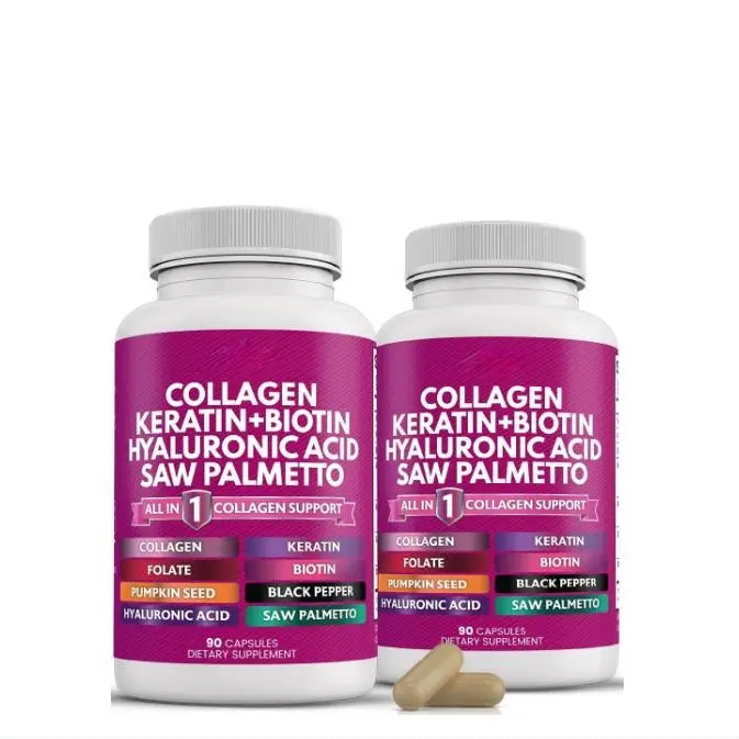 Alles in 1 Kollagen 1000 mg Kollagen Biotin Keratin Sägepalme Hyaluronsäure Unterstützung Haar Haut Nägel Gesundheit Kollagen Kapseln