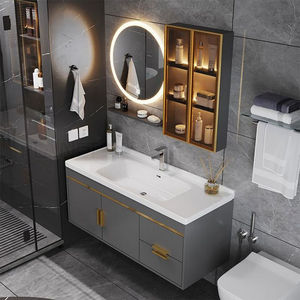 Mueble de Baño Doble con Lavabo, Color Gris Oscuro, con Espejo LED de 3 Puertas y Estante Abierto, para Hogar u Hotel, Venta al Por Mayor - Product Image 5