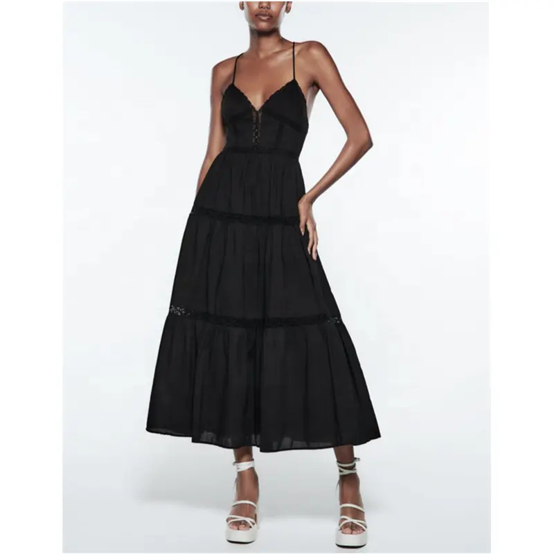 Oem Custom Low Small Moq High Quality Summer Black Chiffon Lady Dress Women Vestidos V-neck Midi Casual Dresses
