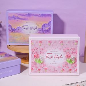 Caja de Regalo Cuadrada de Cartón Gris Laminado Mate Estilo Pintura al Óleo, Color Morado, para el Día de la Mujer/Día del Maestro, Hecho en China - Product Image 3