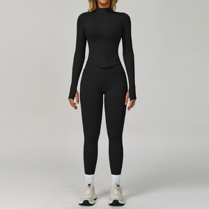 Bộ đồ thể thao 2 món in logo tùy chỉnh dành cho nữ, gồm quần legging và áo khoác tập <span class=keywords><strong>gym</strong></span>, có lỗ cho ngón tay cái - Product Image 6