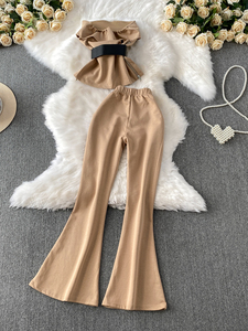 طقم أنيق مكون من توب بدون أكتاف مع سحاب جانبي وتصميم يضيق الخصر + بنطلون واسع عالي الخصر، مصنوع من البوليستر 100٪ برقبة دائرية - Product Image 4