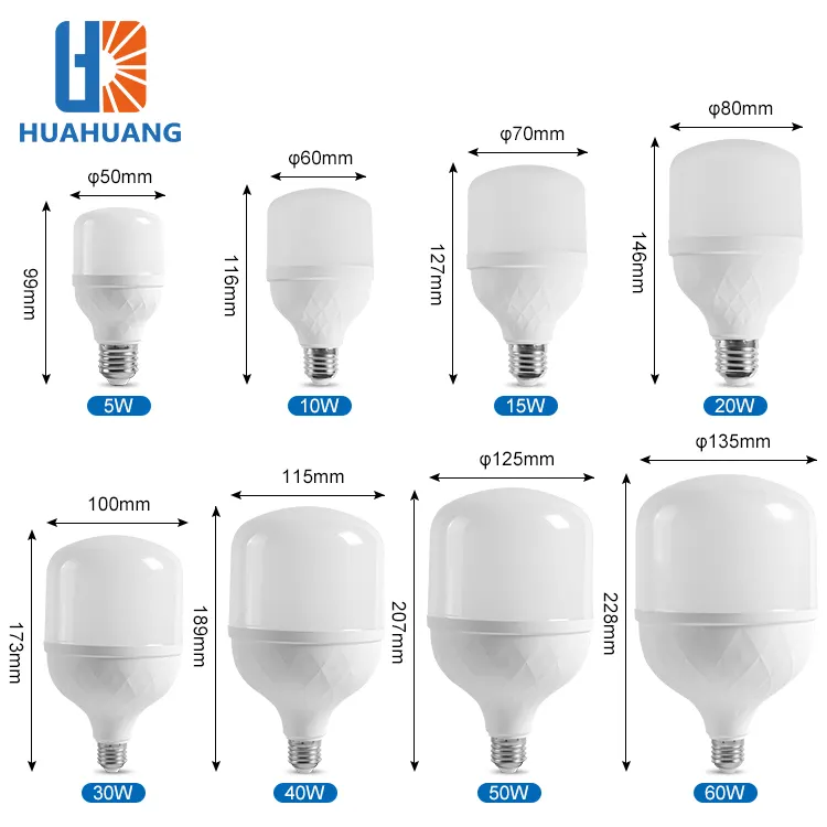 Huahuang New Product Market Home Office PBT PP White E27 5W 10W 15W 20W 30W 40W 50W 60W Light LED Bulb