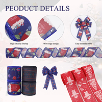 Ruban de Noël en polyester écologique bleu marine et rouge de 2,5 po avec bordure filée, motif Père Noël et chaussette, pour décorations DIY de couronnes en toile de jute