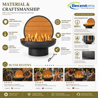 Brasero d'extérieur rond en fer noir mat avec grille cylindrique sur piédestal et panneau arrière en bois