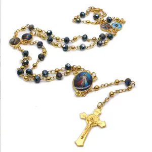 4*6mm Crystal Rosary Gold Metal Beads Cross necklace Maria Centerpiece Sweater chain