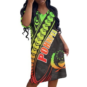 Caroline Island Summer Beach Vestido de manga corta Estampado a pedido Pohnpei Diseño Patrón Casual Vestidos sueltos Falda hasta la rodilla - Product Image 2