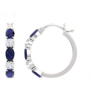 Orecchini a Cerchio E2204 con Zaffiro Blu e Diamanti, Oro Bianco, Gioielli Classici da Sposa per Donna, Taglio Brillante Rotondo, Colore G Naturale - Product Image 4