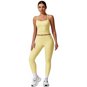 Conjunto de Yoga sin Costuras de Cintura Alta para Mujer, Marca Privada al por Mayor, 2 Piezas, Conjunto Deportivo Acanalado de Leggings y Sujetador Deportivo para Entrenamiento - Product Image 1