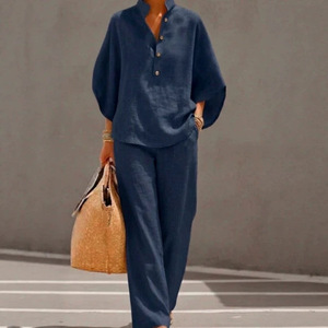 Ensemble décontracté en coton et lin pour femmes, bleu ciel, manches bouffantes, pantalon large, style Europe et Amérique - Product Image 3