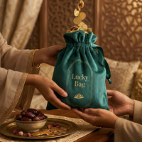 Sac cadeau en velours vert, pochette d'emballage Eid Mubarak, logo personnalisé, feuille d'or pour bijoux Eidiya