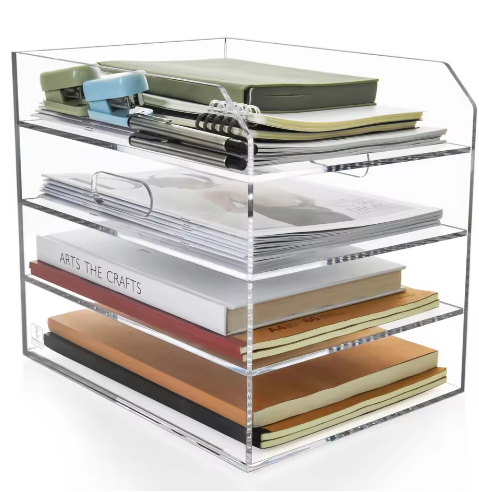 4-Tier Clear Acrylic File Organizer, Stackable Desktop Document Tray for Office & School