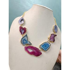 Conjunto de Collar y Pendientes de Latón con Rodajas de Ágata Multicolor para Mujer, Joyería Hecha a Mano Personalizada para Bodas y Fiestas - Product Image 1