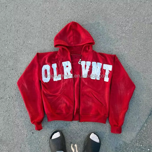 เสื้อฮู้ดซิปผ้าฝ้ายหนาน้ำหนักมาก 100% สำหรับผู้ชาย แบบสั่งทำพิเศษ ตกแต่งด้วยแพทช์ปักลายแบบวินเทจ ล้างสีแบบแอซิดวอช - Product Image 3