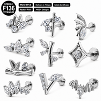 Vente en gros de bijoux de piercing pour cartilage pour enfants en titane F136 à dos plat, modèles labret, clous, zircon, aile de papillon, motif vigne, étoile