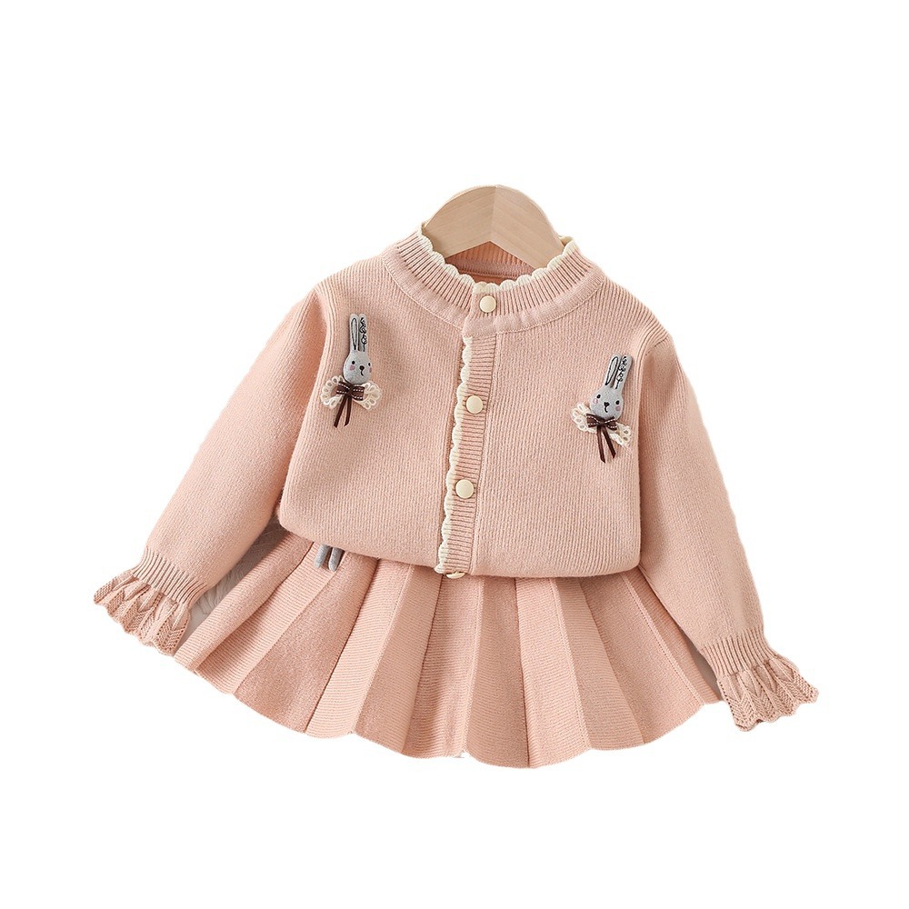 Girls' Casual Korean-Style Sweater Dress New Arrival Western-Style Cardigan Bunny Knitted All-match Two-piece Set for Baby Girls