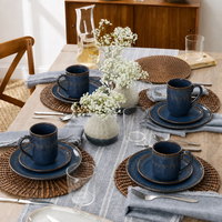 Service de table en céramique haut de gamme de 12 pièces, ensemble de dessert en grès porcelaine, glaçure réactive bleue, réutilisable, écologique, compatible lave-vaisselle