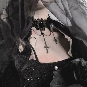Creative Punk Style Cross Lace Necklace Dark Retro Niche Link Chain <b>Choker</b> Alloy Pearl Trendy Lolita Clavicle Neck Strap - Product Image 2
