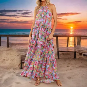 Manufacturer Custom Wholesale 2024 New Ladies Summer Elegant Fashion Sleeveless Floral Print Bohemia Women Maxi Casual Dress