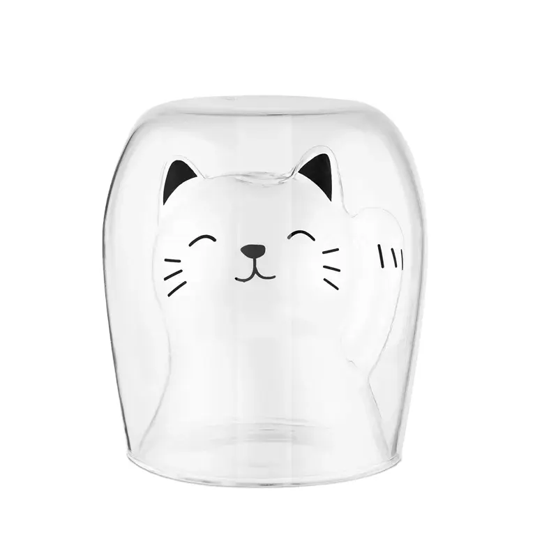 クリエイティブな小さな猫の形の二重層ホウケイ酸ガラス、壁のティーガラスカップハンドルなしコーヒーマグ