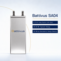 Batterie Pouch NMC Battivus SA04 8900mAh 3.6V, 315Wh/kg, haute densité énergétique, durée de vie 3000 cycles, décharge maximale 26.7A, charge 8.9A