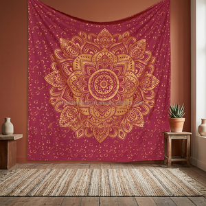 Tapiz Mandala Rojo Dorado, Tapiz Bohemio Geométrico para Colgar en la Pared, Decoración Étnica Hippie de Poliéster - Product Image 4