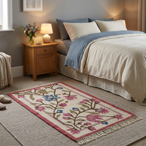 Grand tapis bohème tissé à la main en laine et coton à poils moyens avec envers en laine pour salon, chambre et décoration de fenêtre - Product Image 3