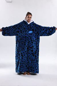 Heat Lock Sherpa Lining Bright Blue Leopard Flannel Outer Warm Hoodie Blanket Loungewear for Bedroom Nightwear - Product Image 4