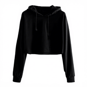 Solid Black <b>Women</b> Crop Top Hoodie Drawstring Pullover Polyester/Cotton Casual <b>Long</b> Sleeve Custom Logo Casual Pullover <b>Hoodies</b> - Product Image 1