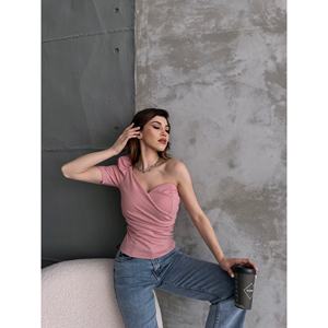 Chemisier en Chiffon Asymétrique à Épaule Dénudée avec Manches Princesse pour Femme, Top Quotidien Blanc Élastique - Product Image 1