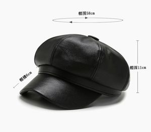 Gorra octogonal de cuero de moda para mujer, gorra de vendedor de periódicos de PU de color sólido informal vintage británico para Otoño e Invierno - Product Image 3