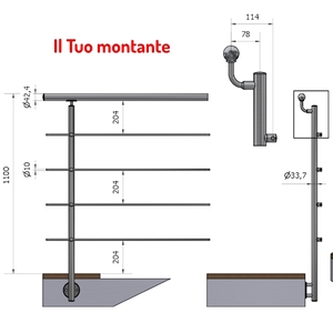 Pasamanos de compensación vertical para escalera, Ø 33,7, 4x satinado, AISI 304, travesaño de acero inoxidable, piezas de escalera de fijación lateral ajustables - Product Image 1