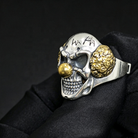 Bague ajustable en argent sterling 925 bicolore avec crâne Joker, style rétro sculpté, pour homme, punk, hip-hop, bijoux fins