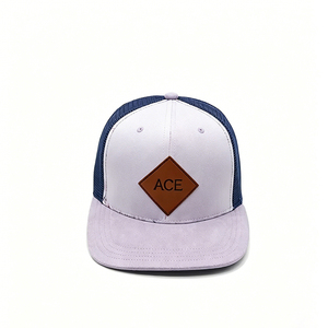 Two Tone White Lavender Navy <b>Mesh</b> Back Trucker Cap Custom Diamond PU Leather Patch 6 Panel Adjustable Trucker Hat - Product Image 6