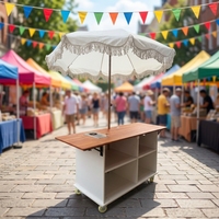 Chariot de présentation de desserts pliable mobile avec parasol, chariot de service en bois pour friandises, idéal pour mariages, fêtes, cafés, boulangeries et traiteurs