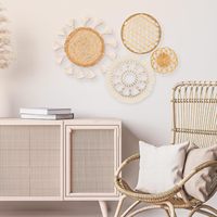 Décoration murale en panier bohème - Panier tissé plat à suspendre au mur, décor mural en macramé rond avec glands blancs