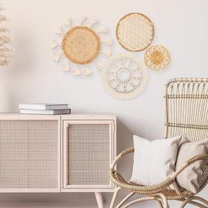 보헤미안 벽 바구니 장식 - 평평하게 짜인 바구니 벽걸이 장식, 둥근 태슬 화이트 마크라메 태피스트리 벽 장식 - Product Image 4