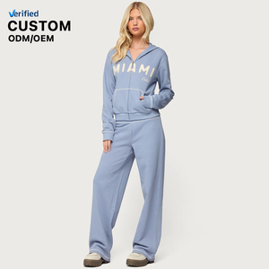 Tùy Chỉnh Hai Mảnh Loungewear Set Tracksuits Phụ Nữ Chất Lượng Cao Trang Phục Dài Tay Áo Zip up Crop Top Áo Và Chân Rộng Quần Set - Product Image 1