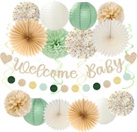 Décorations de fête de bienvenue pour bébé en vert sauge et blanc - Lanternes en papier, guirlandes, bannière, pompons en papier, fleurs, éventails, guirlande