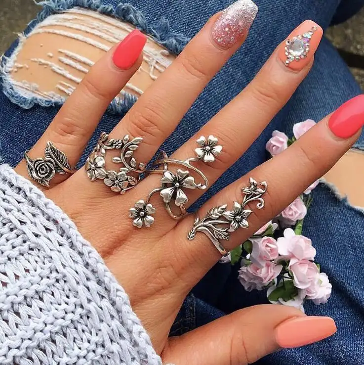 Wholesale Silver Punk Bohemian Ethnic Style Flower Women Rings Jewelry Sets Joint Branch Rng