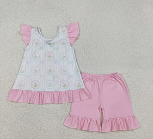 Girls GSSO2732 Flowers <b>Bows</b> Stripes Backless Top <b>Pink</b> Shorts Girls Summer Clothes Set - Product Image 4