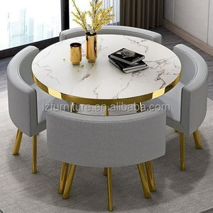 Table à manger ronde de luxe très vendue avec chaises en métal et plateau en MDF pour salon, restaurant, bar, bureau - 1 table et 4 chaises - Product Image 5