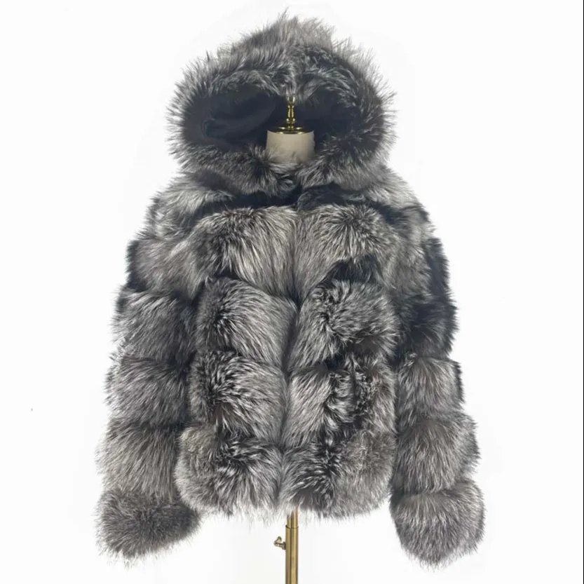 QIUCHEN-QC8143 customization color logo mens real silver fox fur jacket with fur hooded luxury plus size coat