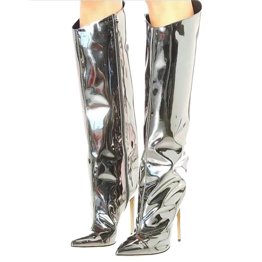 Custom Pointed Toe Stiletto High heels Calf High knee high boots oem Lady High Heels Shoes metallic boots long boots women knee