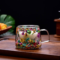 Tasse à café créative en verre borosilicate double paroi, faite à la main, avec motif de fleurs séchées, design transparent