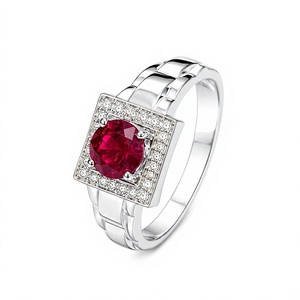 Bague en argent sterling 925 plaqué rhodium avec diamant rond en rubis, sertie de griffes, bijoux de luxe pour fiançailles et mariage - Product Image 1