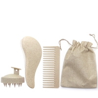 Logo personnalisé 4 pièces brosse démêlante en paille de blé écologique masseur de cuir chevelu brosse à shampooing ensembles de peignes à dents larges pour la croissance des cheveux